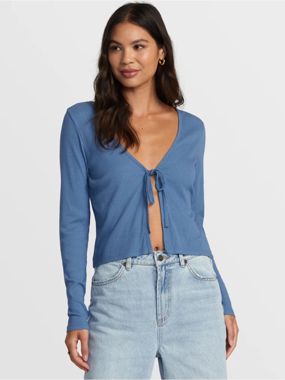 RVCA blue ribbed tie front long sleeve top L Y2K school casual
